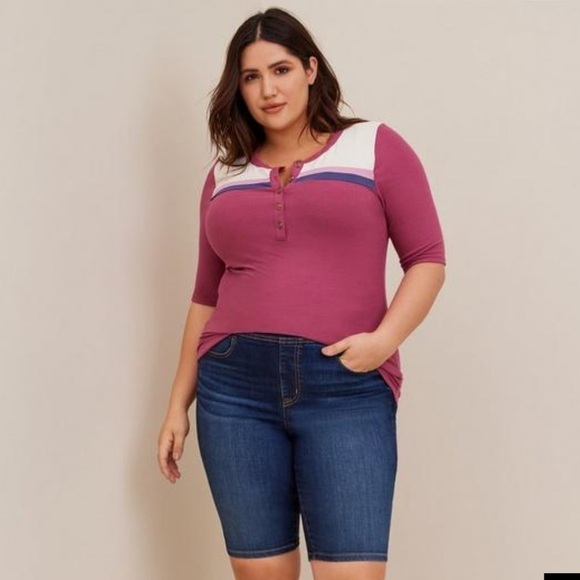 Torrid Super Soft Rib Color Block Henley Short Elbow Sleeve Tee Shirt Top Ribbed - Picture 1 of 8